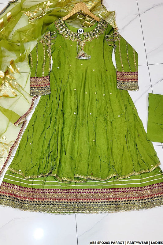 Chiffon straight shirt plazo parrot green - Pakistani women's party wear with viscose plazo and chiffon dupatta front view