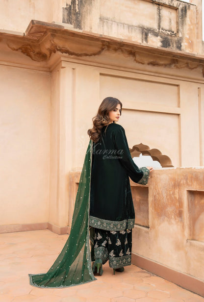 Pakistani women's bottle green velvet long kaftan plazo full view