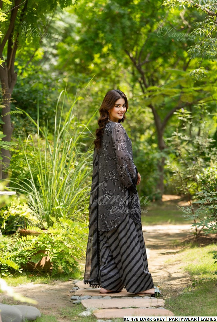 Pakistani women's dark grey silk long kaftan detail view