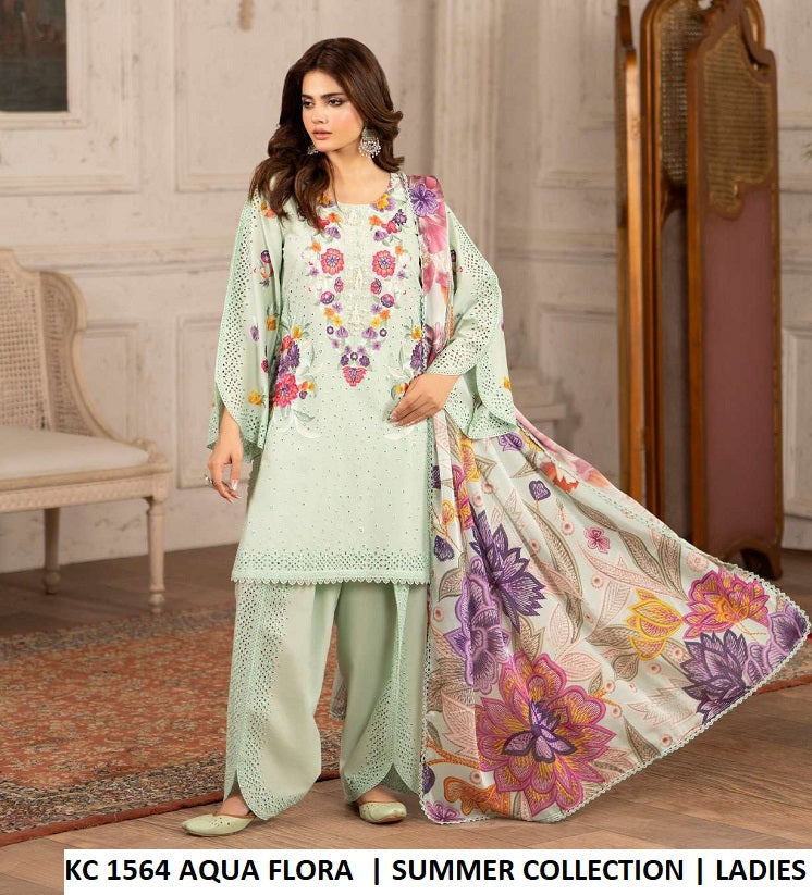 Pakistani women's aqua flora cotton thread embroidery outfit back view