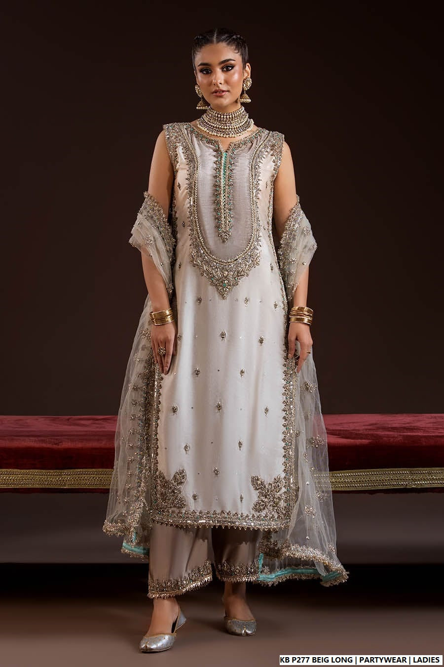 Velvet embroidered long suit - Pakistani women's luxury bridal winter wear front view