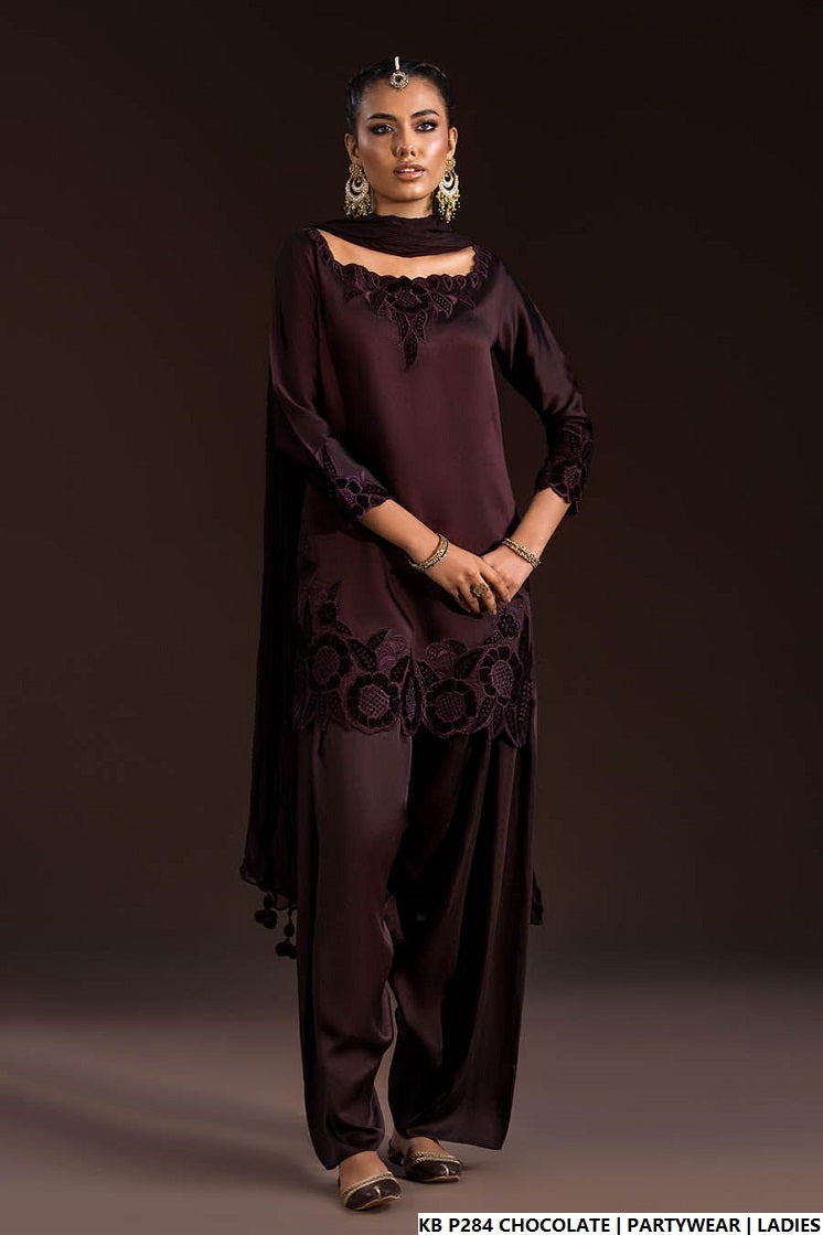Hand embroidered luxury suit chocolate brown - Pakistani women's bridal formal wear with embroidered dupatta front view