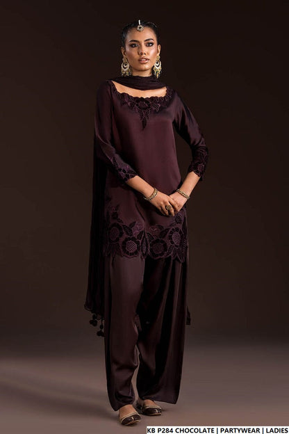 Hand embroidered luxury suit chocolate brown - Pakistani women's bridal formal wear with embroidered dupatta front view