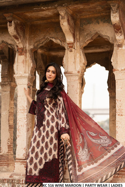 Pakistani women's wine maroon georgette embroidered straight shirt plazo detail view