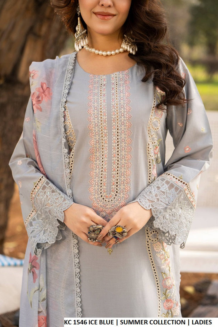 Pakistani women's ice blue cotton long chikankari shirt back view