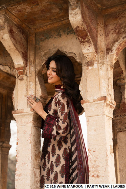 Pakistani women's wine maroon georgette embroidered straight shirt plazo back view