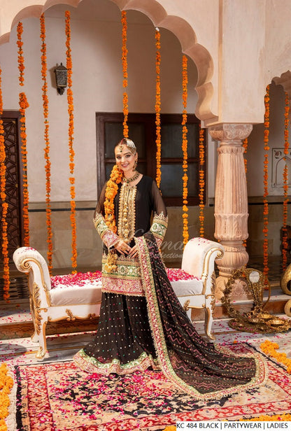 Pakistani women's black silk long kaftan plazo full view