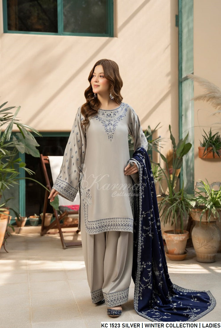 Silk short shirt silver grey - Pakistani women's traditional formal outfit with silk fabric front view