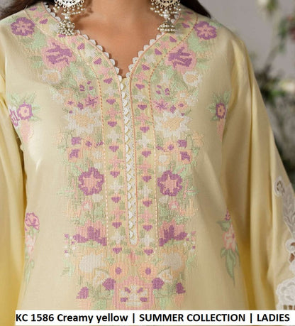 KC Ayra 1586 Creamy Yellow - Creamy Yellow Embroidered 3-Piece Ready to Wear Pakistani Suit