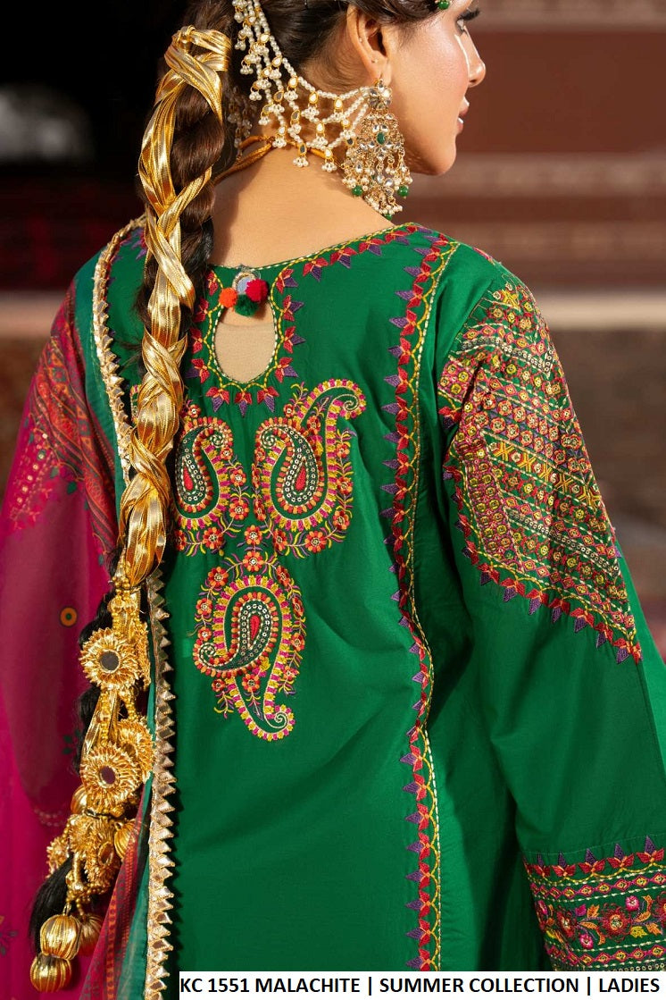 Pakistani women's malachite green cotton short shirt farshi shalwar back view