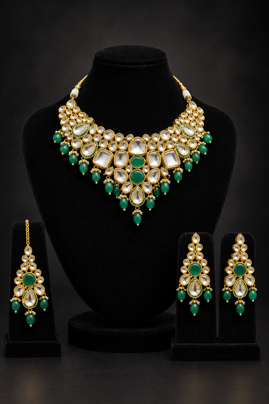 JW820 – Gold-Tone Kundan Choker Set with Green Bead Drops