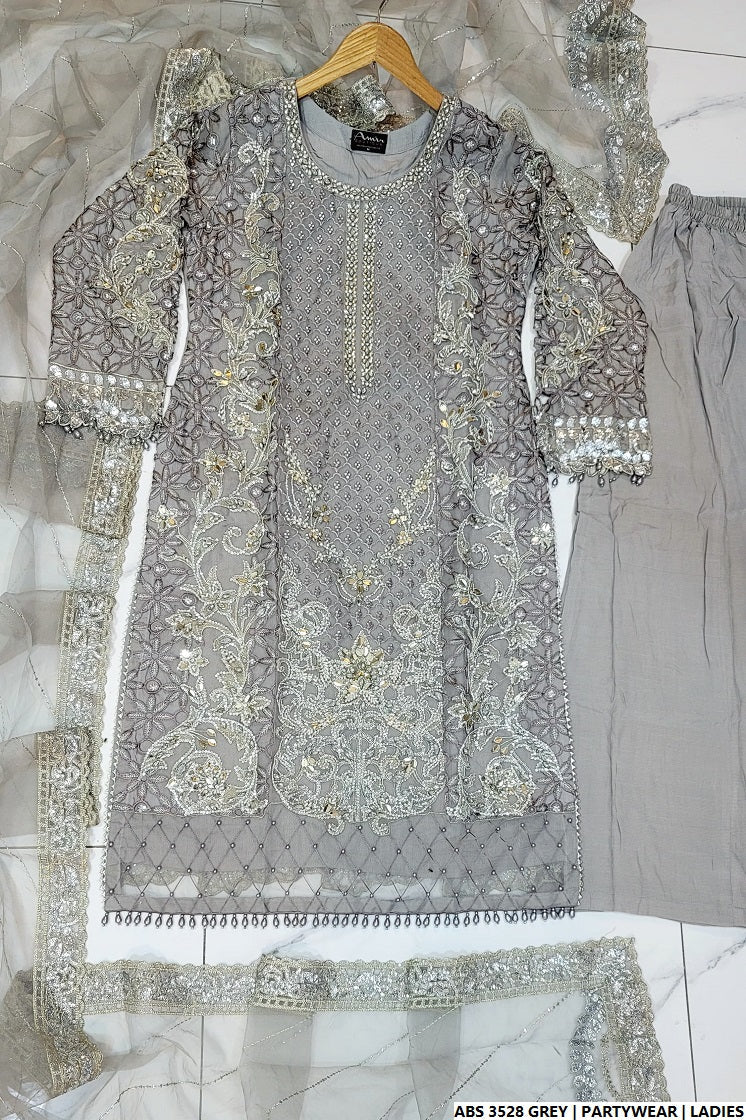 Pakistani women's grey organza straight shirt back view