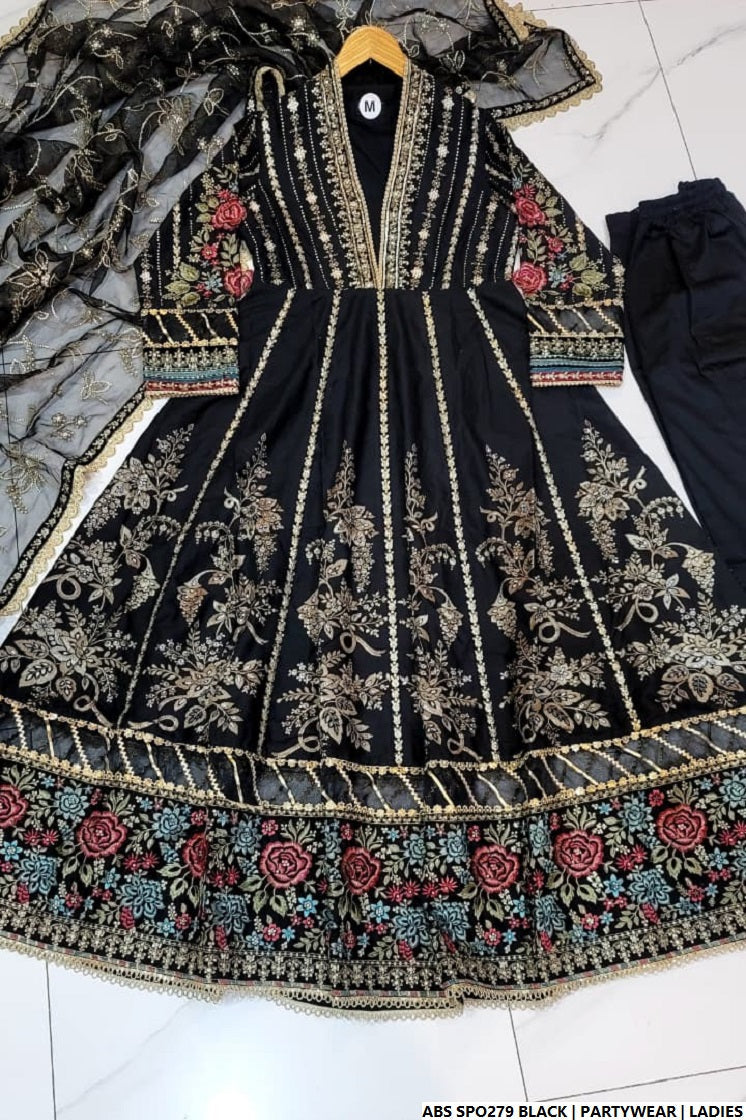 Chiffon straight shirt plazo black - Pakistani women's party wear with viscose plazo and chiffon dupatta front view