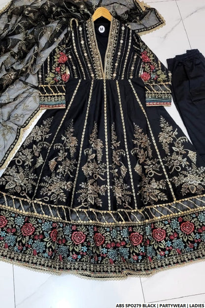 Chiffon straight shirt plazo black - Pakistani women's party wear with viscose plazo and chiffon dupatta front view