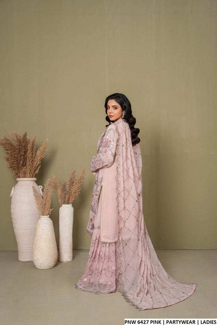 Pink chiffon Pakistani women's straight shirt with gharara side view