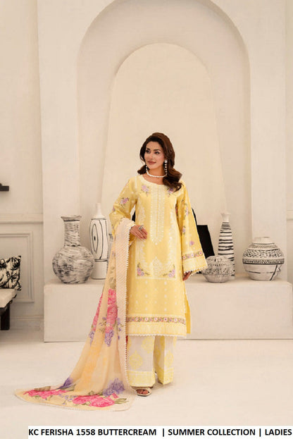 Cotton straight shirt plazo buttercream - Pakistani women's casual outfit with deep chiffon dupatta front view