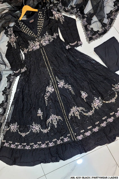 Pakistani women's black organza A-Line shirt back view