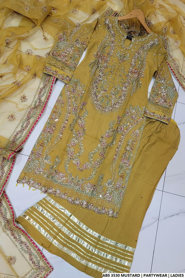 Pakistani women's mustard yellow organza straight shirt full view