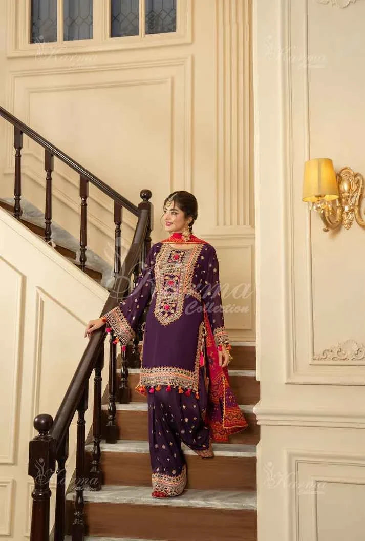Pakistani women's plum silk short shirt farshi shalwar detail view