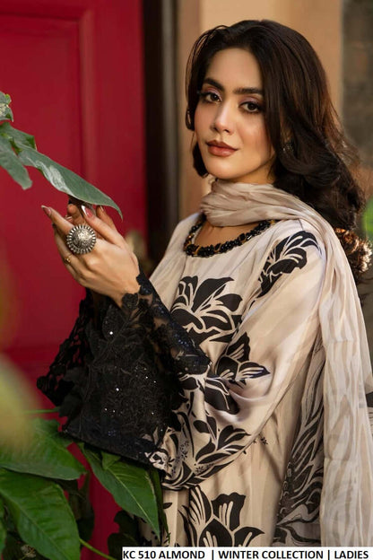 Pakistani women's almond silk long A-Line shirt plazo back view
