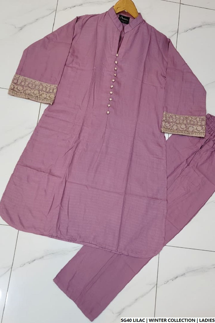 Pakistani women's lilac lawn A-Line casual outfit back view