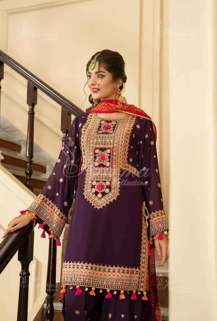 Pakistani women's plum silk short shirt farshi shalwar full view