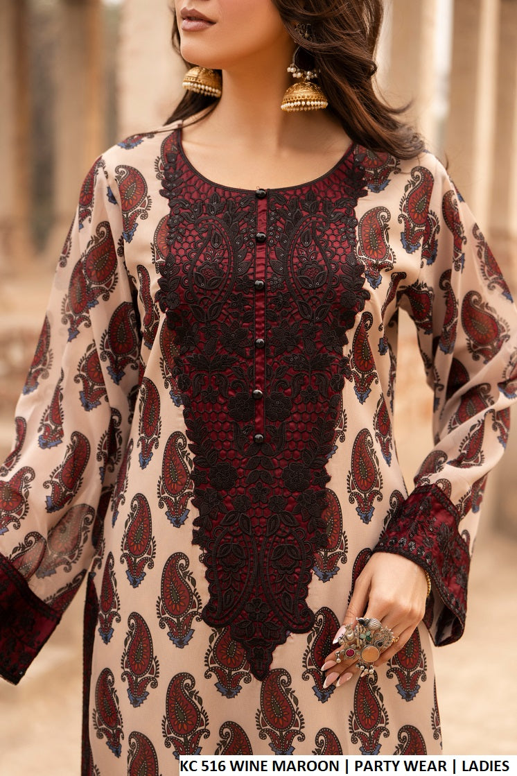 Wine maroon georgette Pakistani women's applique embroidered straight shirt with plazo side view