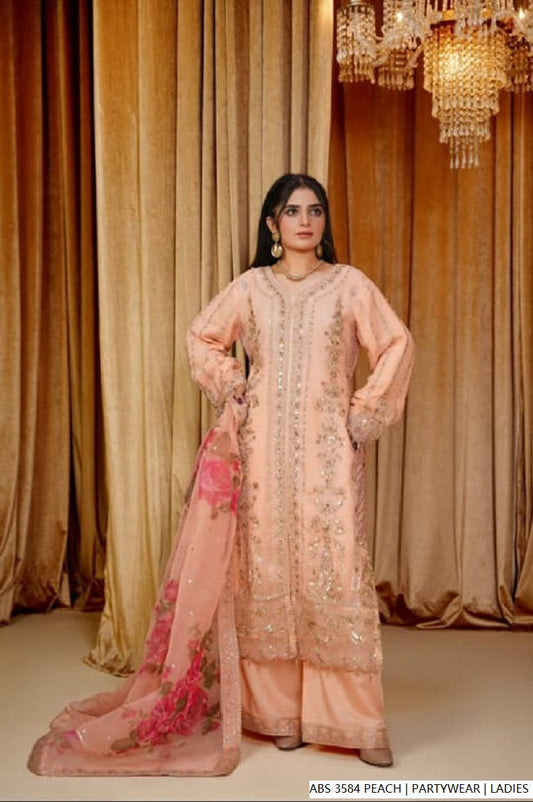 Organza straight shirt peach - Pakistani women's elegant formal wear with viscose trouser and organza dupatta front view