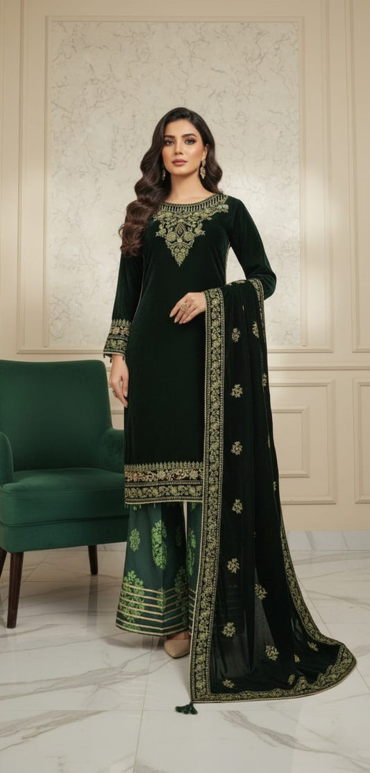 Velvet A-Line shirt bottle green - Pakistani women's winter formal wear with viscose trouser and palachi shawl front view