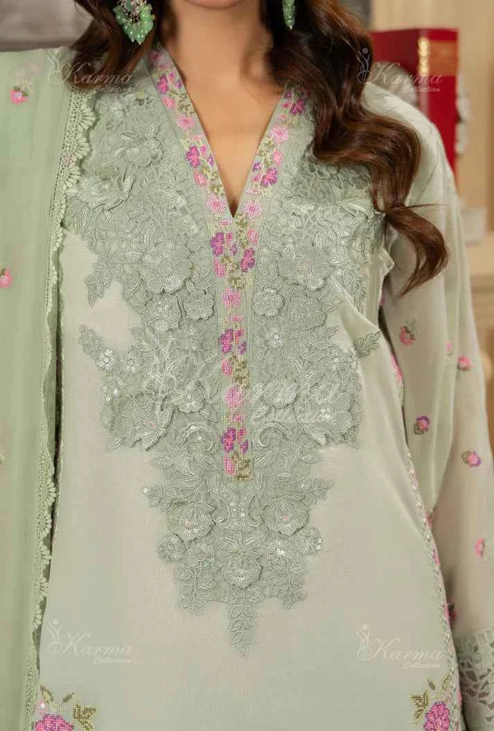 Pakistani women's light green silk short shirt farshi shalwar back view