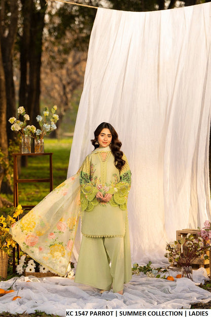 Cotton short shirt high neck parrot green - Pakistani women's casual outfit with printed silk dupatta front view