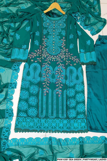 Pakistani women's sea green chiffon straight shirt plazo full view