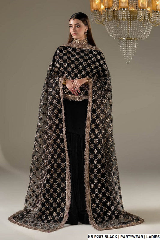 Velvet embroidered suit black - Pakistani women's luxury bridal winter wear with velvet dupatta front view
