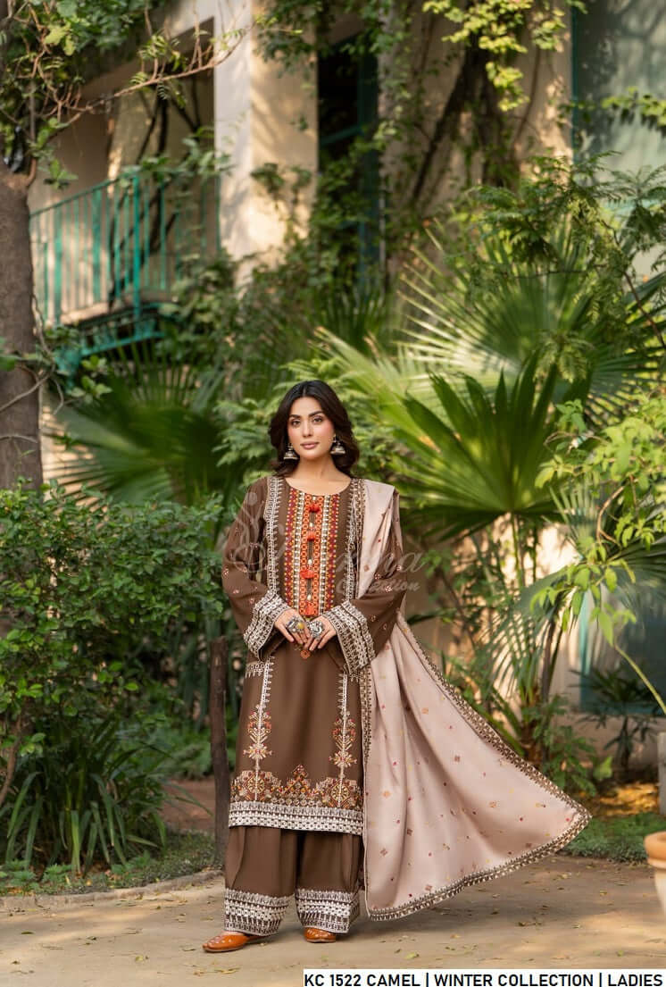 Silk short shirt camel brown - Pakistani women's traditional formal outfit with silk fabric front view