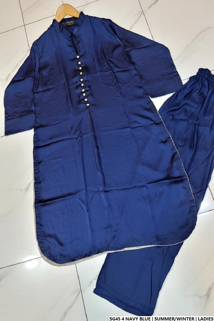 Pakistani women's navy blue silk A-Line shirt detail view