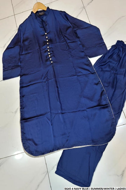 Pakistani women's navy blue silk A-Line shirt detail view
