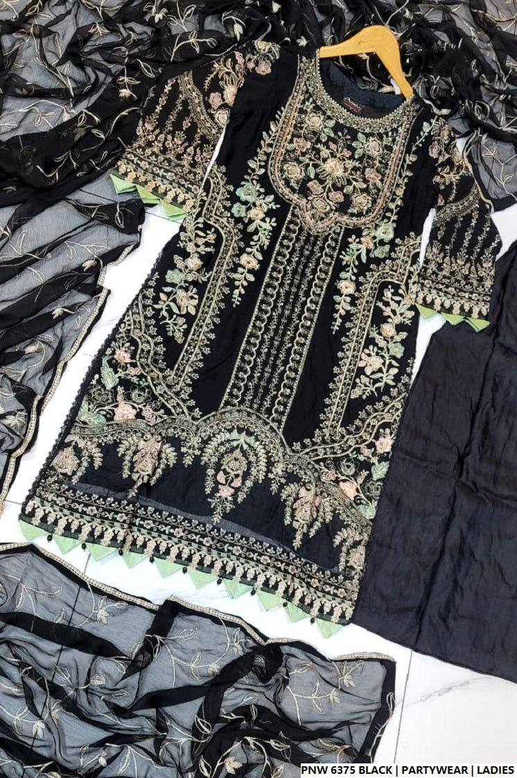 Pakistani women's black chiffon straight shirt plazo full view