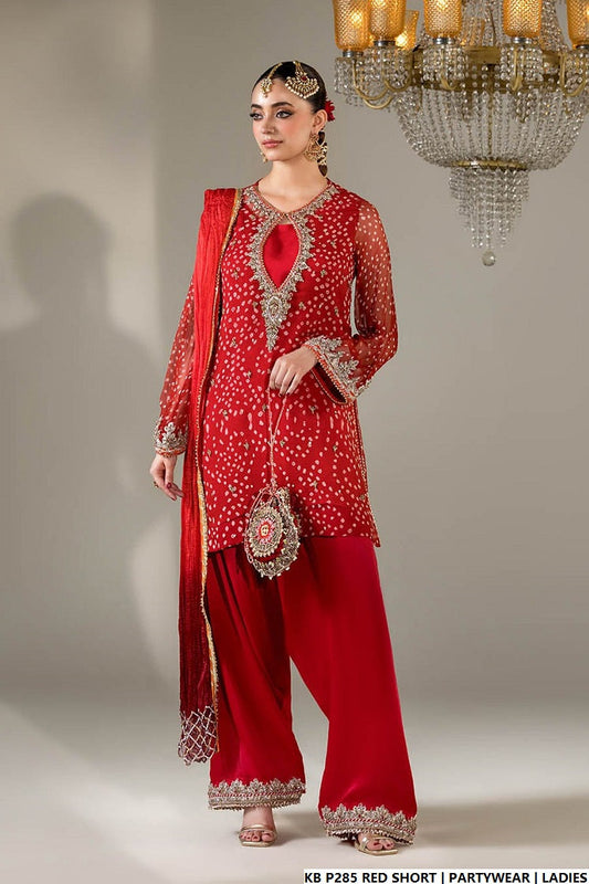 Hand embroidered luxury short suit red - Pakistani women's bridal formal wear with embroidered dupatta front view
