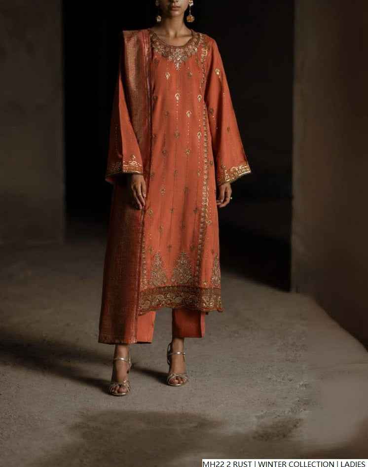 Khaddar straight shirt rust - Pakistani women's winter 3-piece suit with digital print dupatta front view