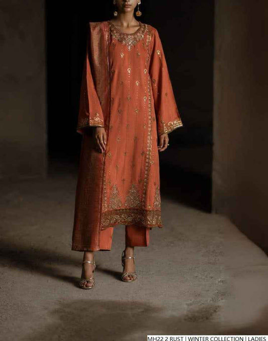 Khaddar straight shirt rust - Pakistani women's winter 3-piece suit with digital print dupatta front view