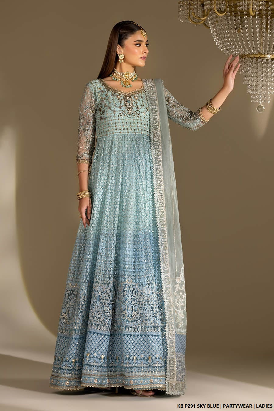 Sky blue velvet Pakistani women's embroidered suit side view