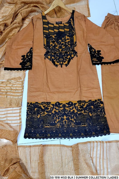 Pakistani women's mustard black lawn A-Line casual shirt detail view