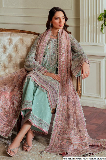 Ferozi organza Pakistani women's straight shirt side view