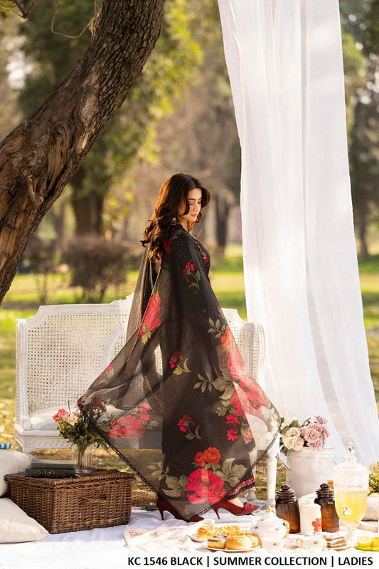 Cotton long chikankari shirt black - Pakistani women's casual elegant outfit with printed lawn dupatta front view