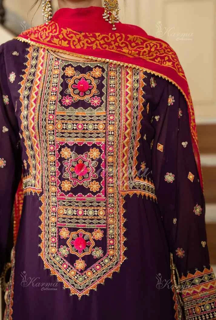 Pakistani women's plum silk short shirt farshi shalwar back view