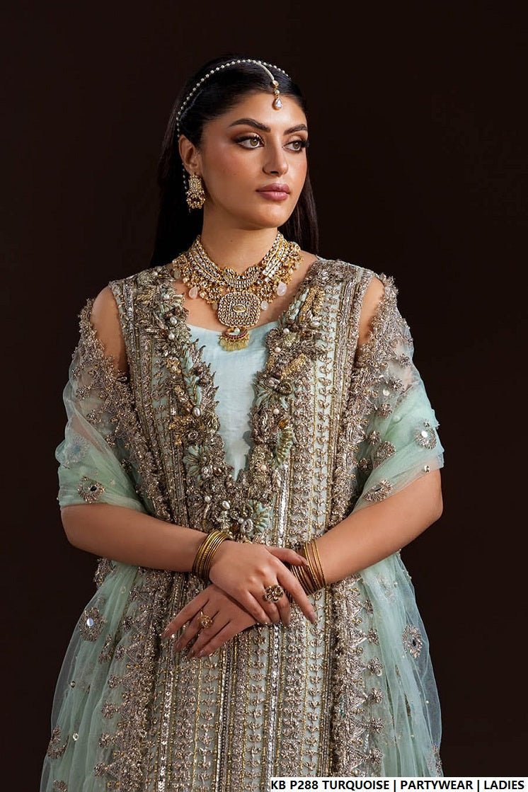 Pakistani women's turquoise hand embroidered luxury suit detail view