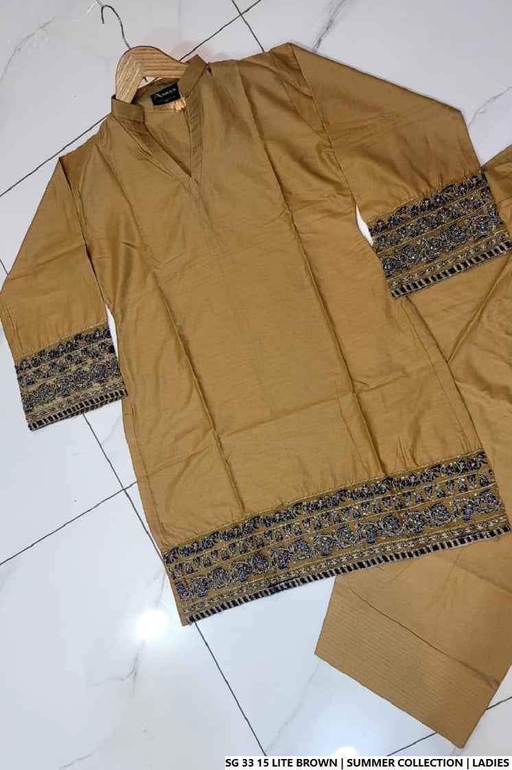 Pakistani women's light brown lawn A-Line casual outfit back view