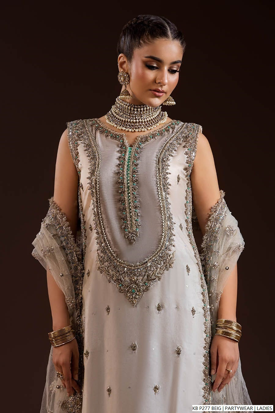 Pakistani women's velvet embroidered long suit side view