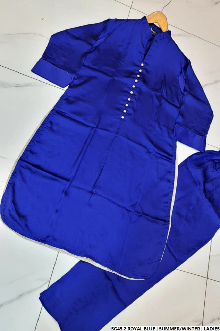 Pakistani women's royal blue silk A-Line shirt back view