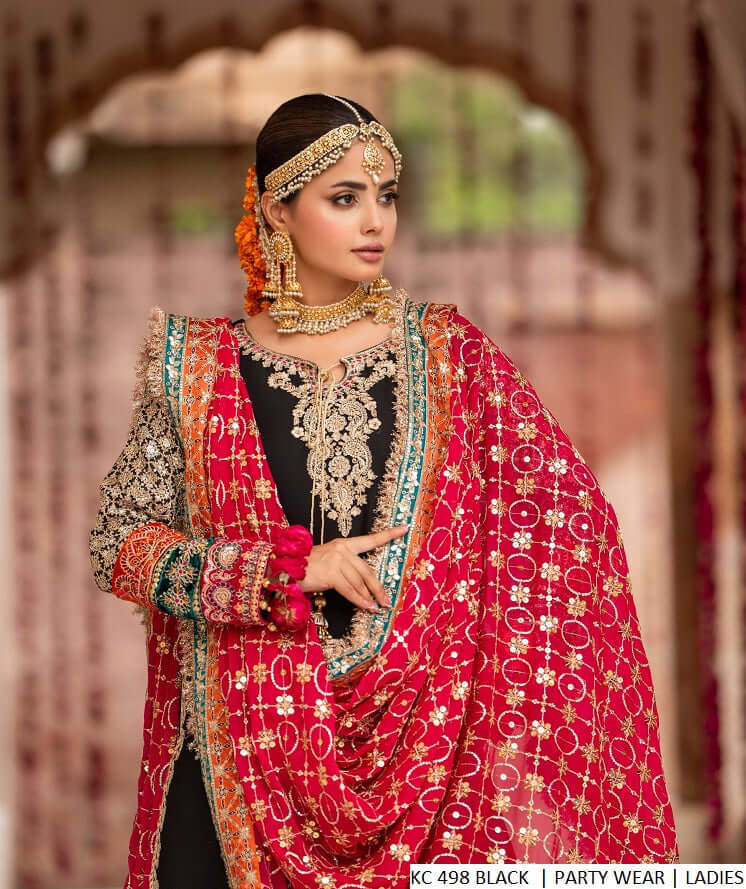 Chiffon short shirt garara black - Pakistani women's festive party wear with chiffon dupatta front view